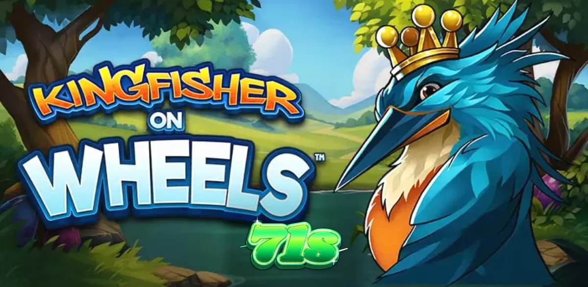 O rei martim-pescador com sua coroa dourada ao lado da Roda da Fortuna no slot Kingfisher on Wheels